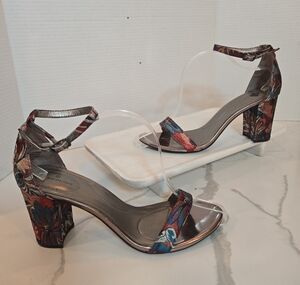 Bandolino Floral Tapestry Strappy Chunky Block Heel Pumps Burgundy Size 10